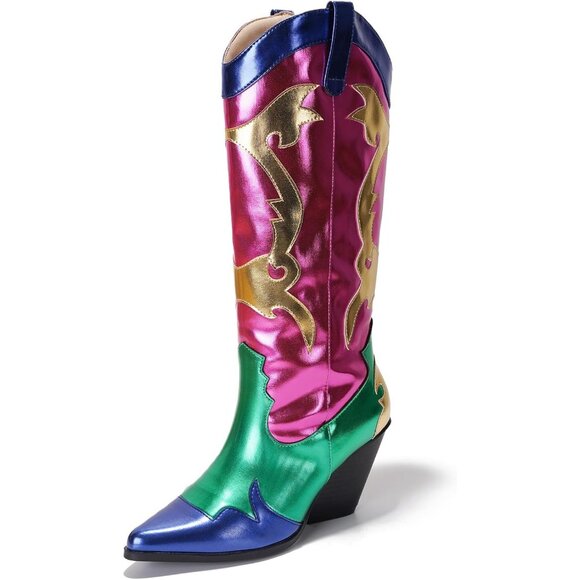 Shoes - Women's Multicolor Metallic Mid Calf Western Pointed Toe Comfortable Heel Boots